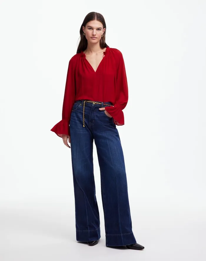 Women Tops and Shirts Madewell LongSleeve TieNeck Top Crimson Berry