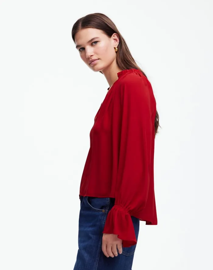 Women Tops and Shirts Madewell LongSleeve TieNeck Top Crimson Berry
