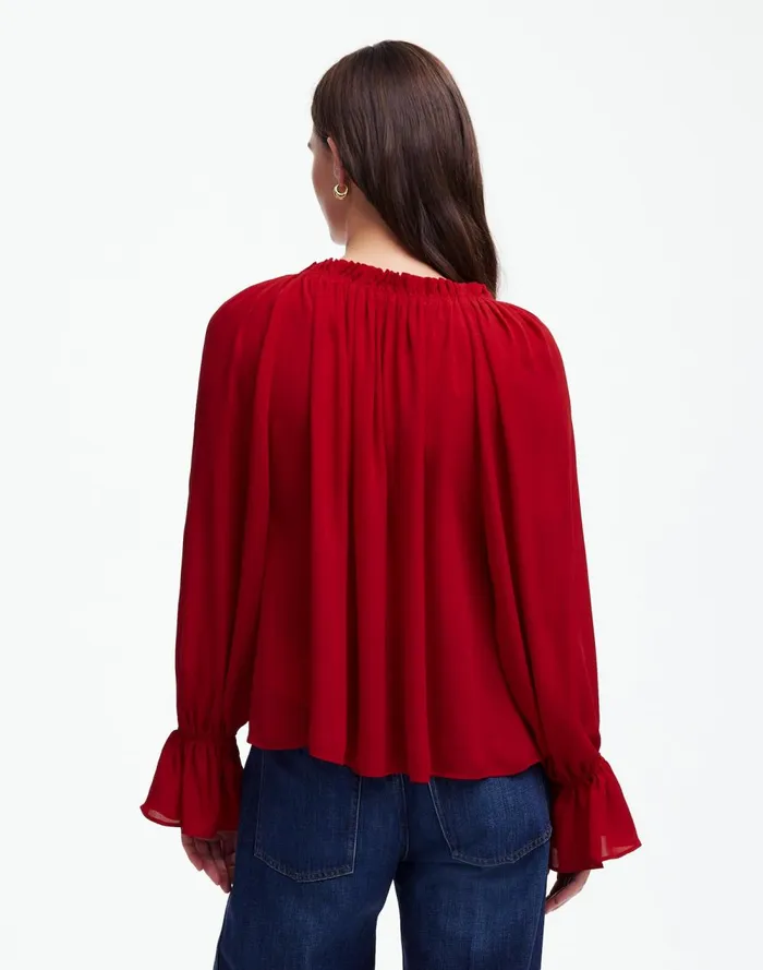 Women Tops and Shirts Madewell LongSleeve TieNeck Top Crimson Berry