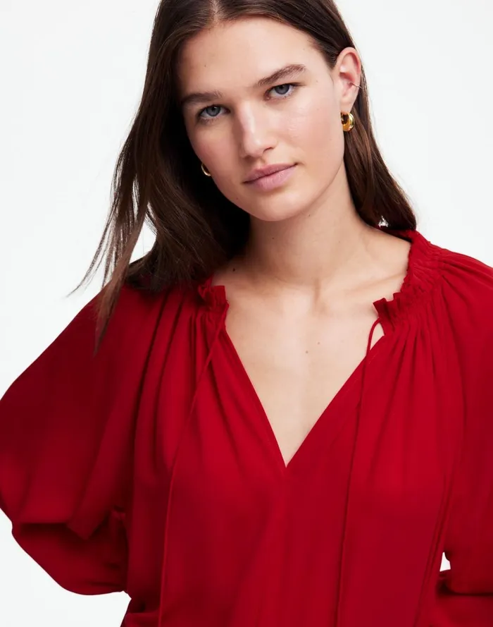 Women Tops and Shirts Madewell LongSleeve TieNeck Top Crimson Berry