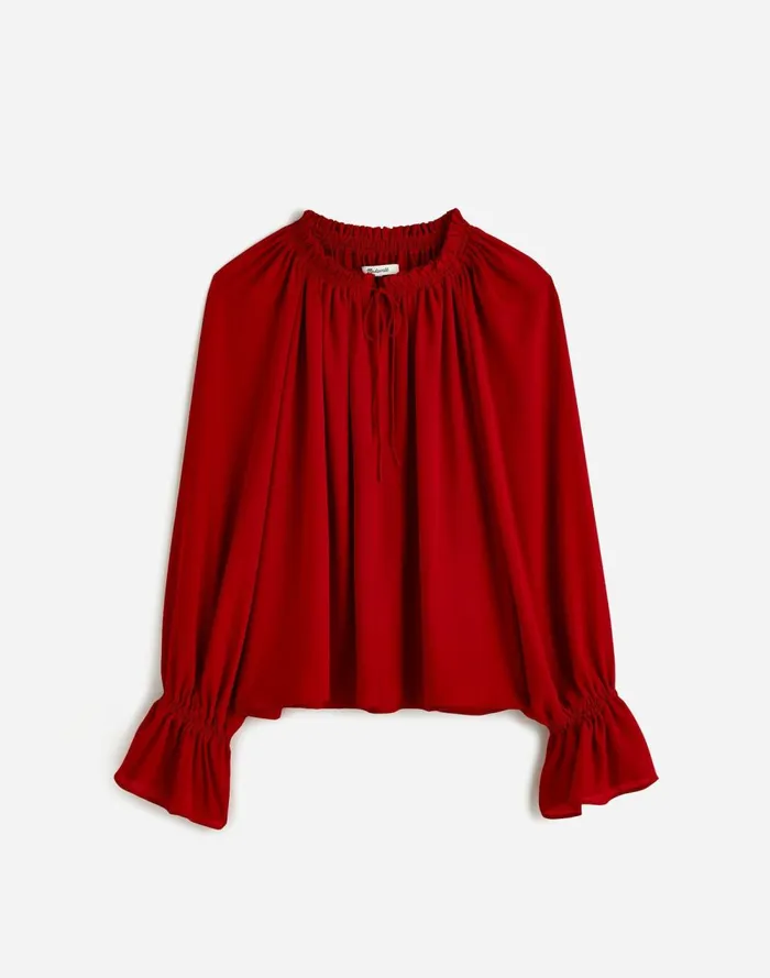 Women Tops and Shirts Madewell LongSleeve TieNeck Top Crimson Berry