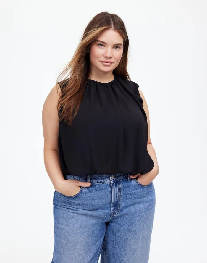 Women Tops and Shirts Madewell Plus Sleeveless Bubble Top In Chiffon True Black