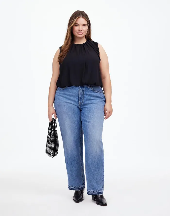 Women Tops and Shirts Madewell Plus Sleeveless Bubble Top In Chiffon True Black