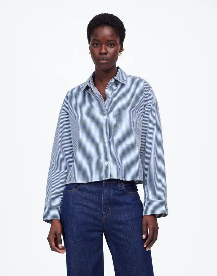 Women Tops and Shirts Madewell Poplin StraightHem Shirt Blue And White Even Stripe