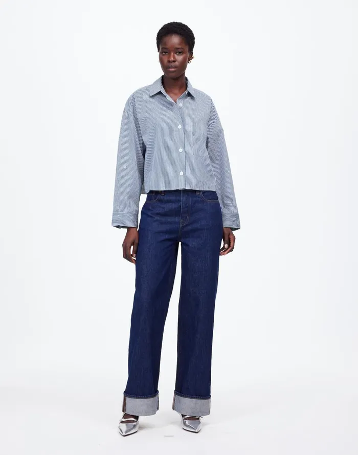 Women Tops and Shirts Madewell Poplin StraightHem Shirt Blue And White Even Stripe