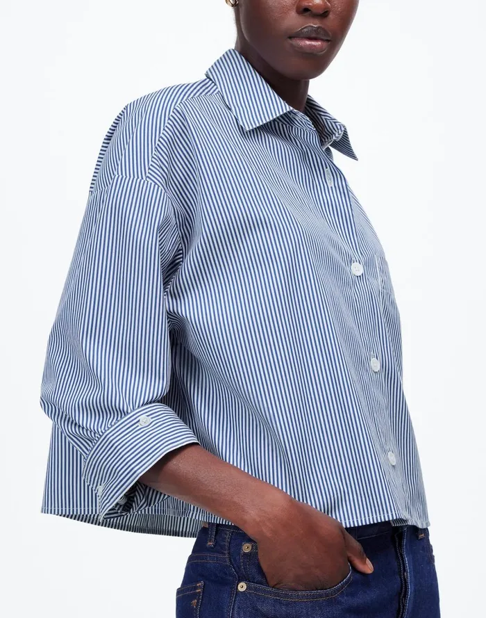 Women Tops and Shirts Madewell Poplin StraightHem Shirt Blue And White Even Stripe