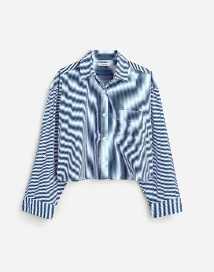 Women Tops and Shirts Madewell Poplin StraightHem Shirt Blue And White Even Stripe
