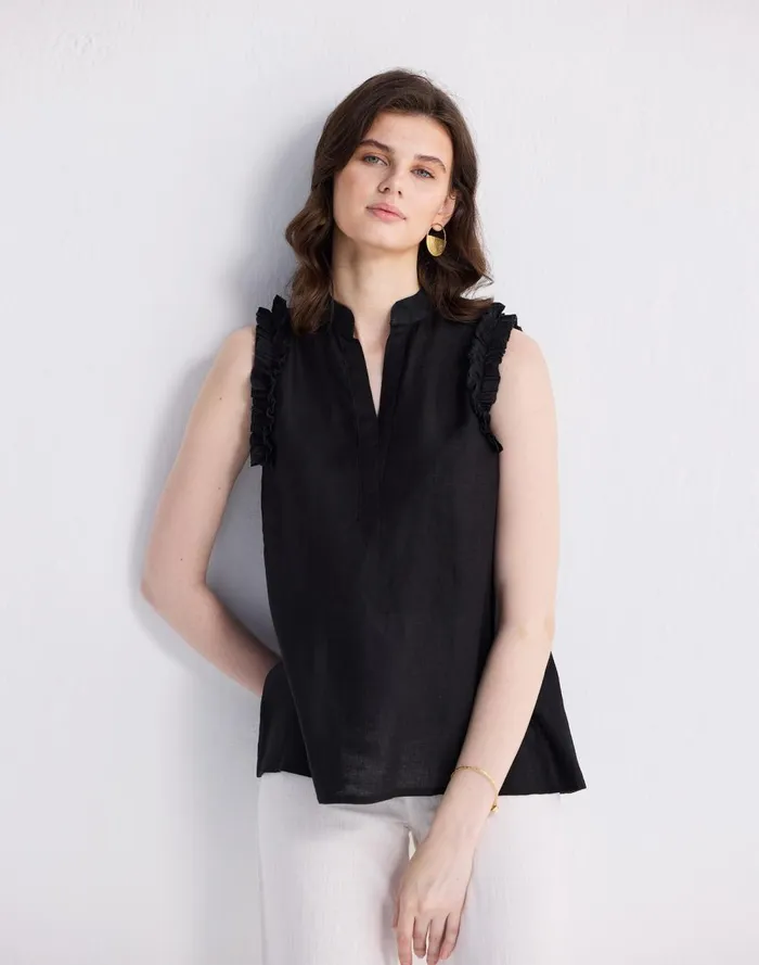 Women Tops and Shirts Madewell Reistor Sleeveless 100 Hemp Top With Ruffles In Black Black