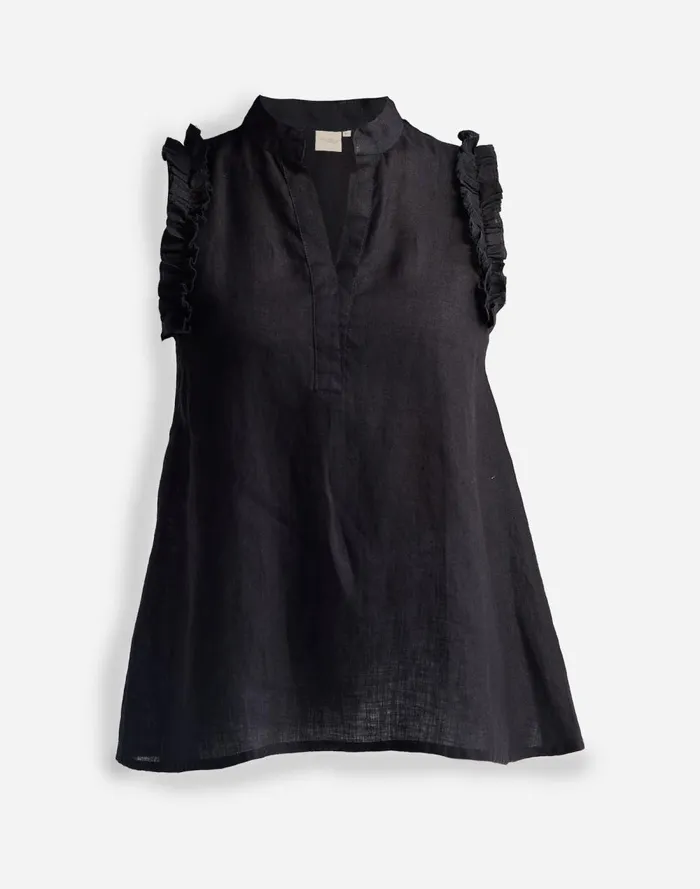 Women Tops and Shirts Madewell Reistor Sleeveless 100 Hemp Top With Ruffles In Black Black
