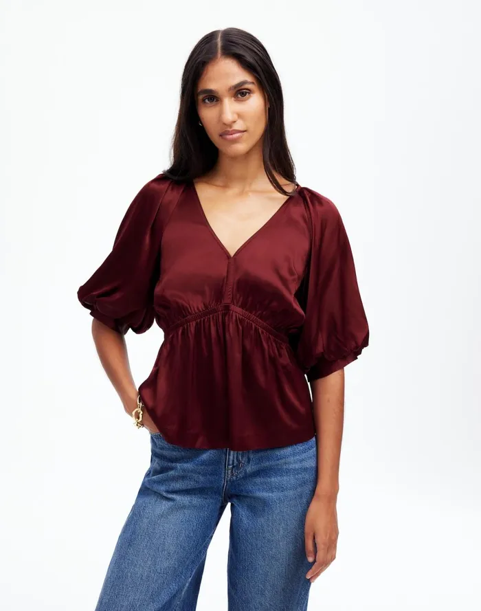 Women Tops and Shirts Madewell Shirred PuffSleeve Top In Satin Cabernet
