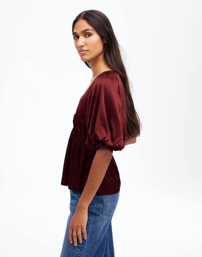 Women Tops and Shirts Madewell Shirred PuffSleeve Top In Satin Cabernet