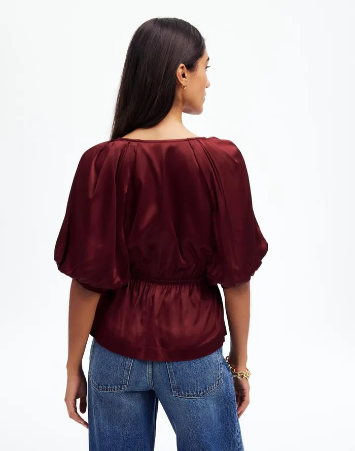 Women Tops and Shirts Madewell Shirred PuffSleeve Top In Satin Cabernet