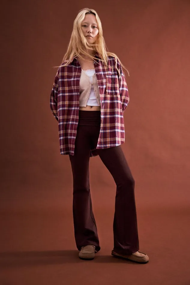 Women Tops Cotton On Boyfriend Flannel Shirt Celest Check Deep Garnet