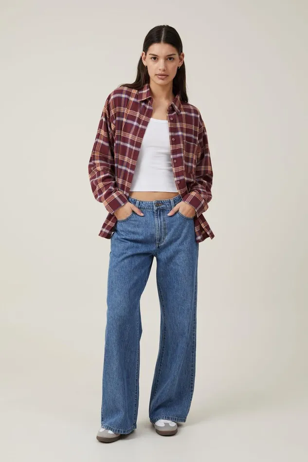 Women Tops Cotton On Boyfriend Flannel Shirt Celest Check Deep Garnet