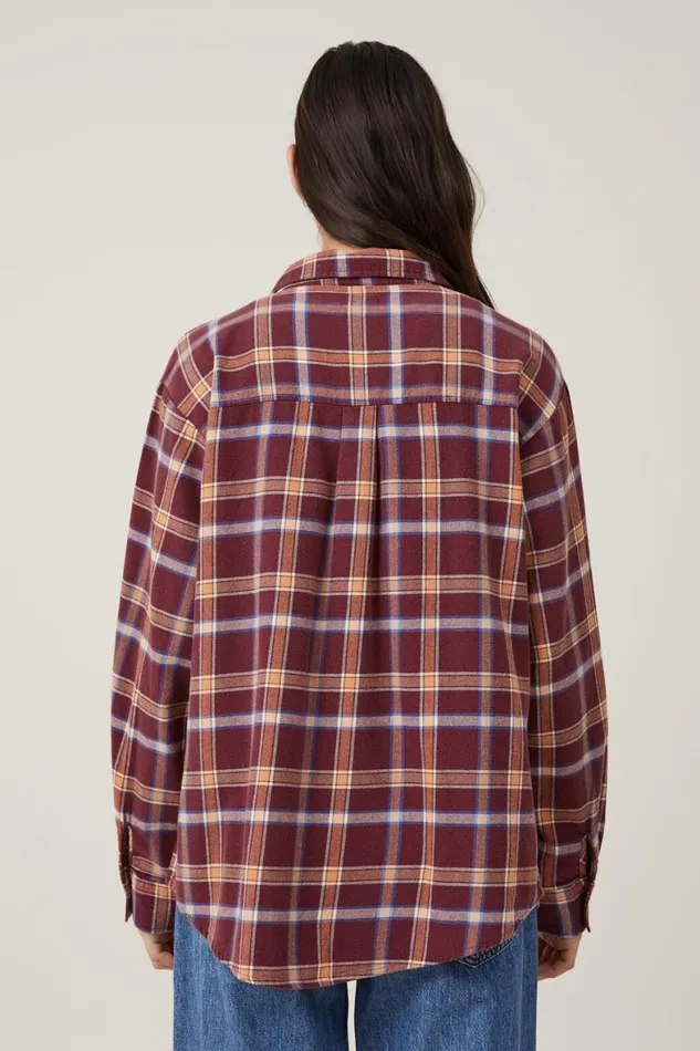 Women Tops Cotton On Boyfriend Flannel Shirt Celest Check Deep Garnet