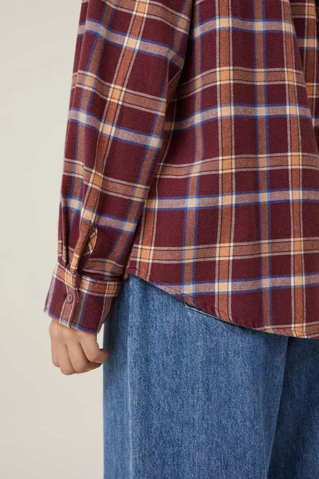 Women Tops Cotton On Boyfriend Flannel Shirt Celest Check Deep Garnet
