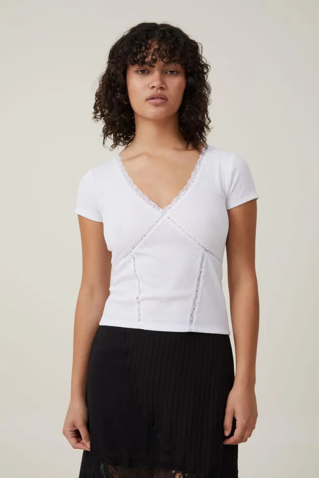 Women Tops Cotton On Daisy Lace Trim Tee White