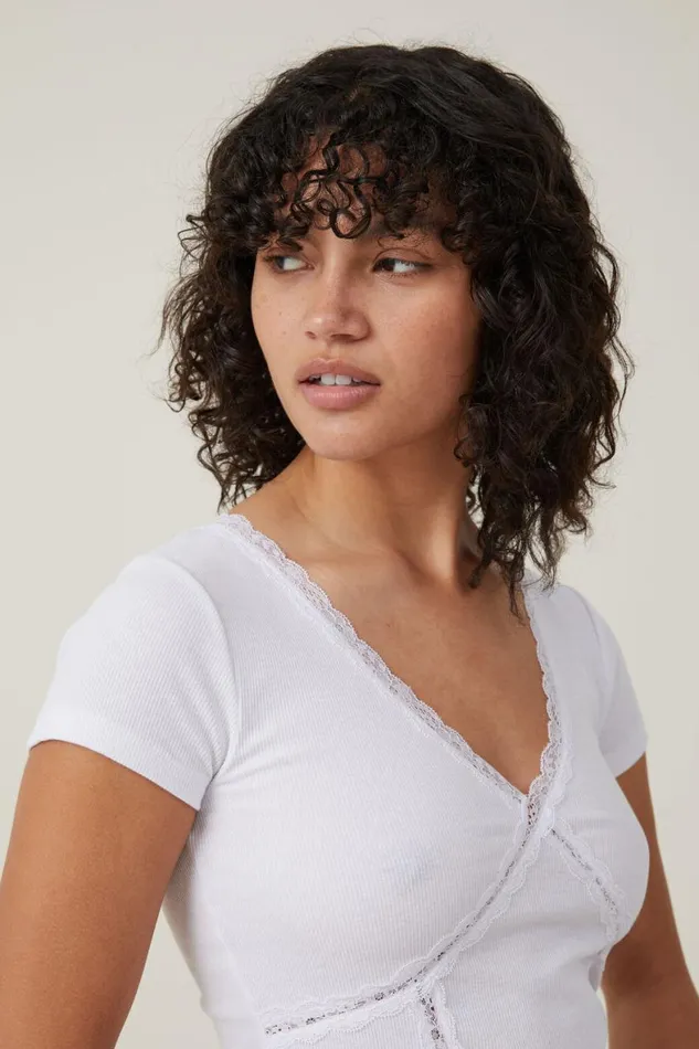 Women Tops Cotton On Daisy Lace Trim Tee White