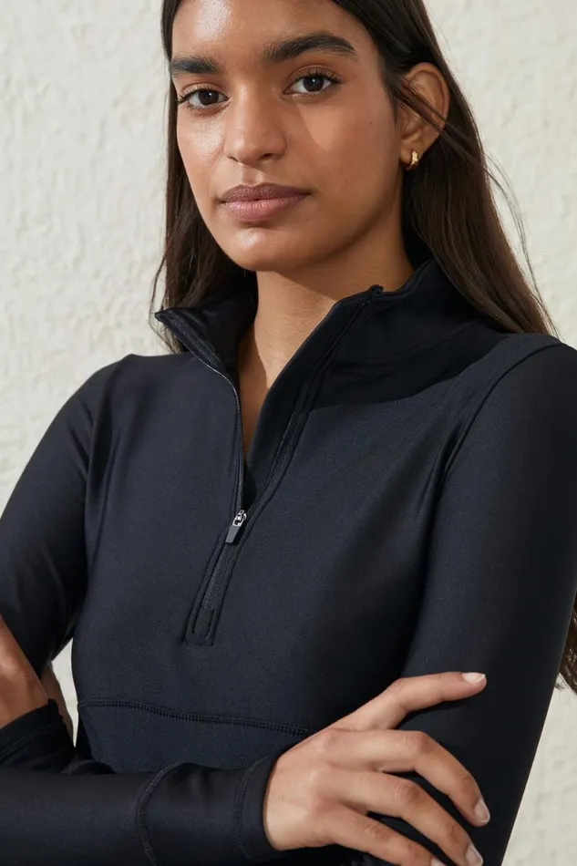 Women Tops Cotton On Fleece Lined Half Zip Long Sleeve Black