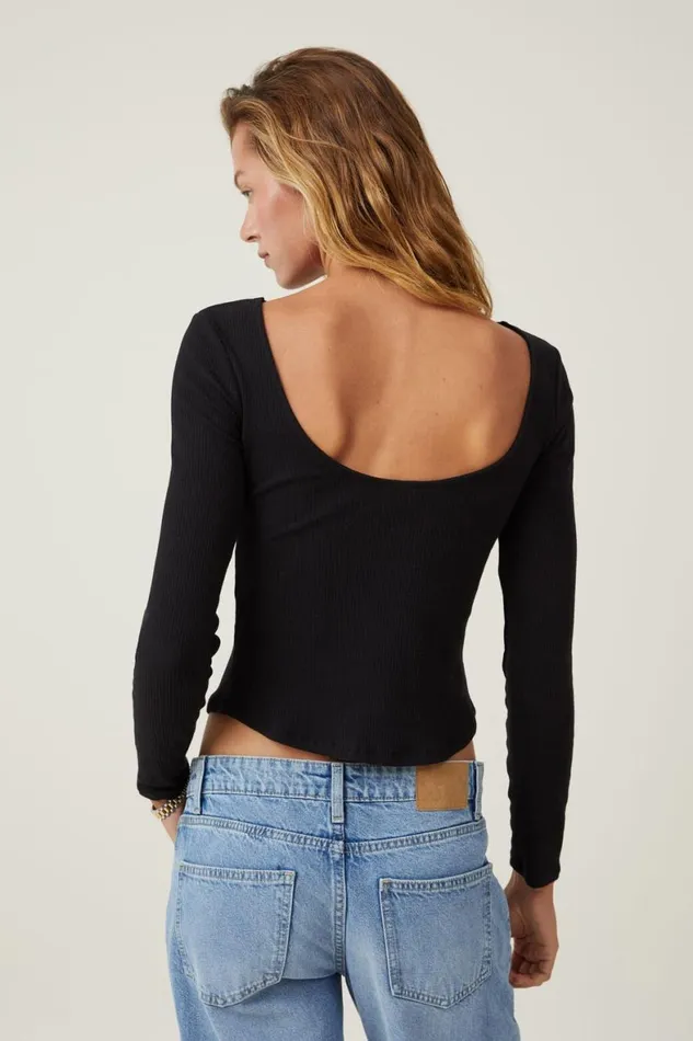 Women Tops Cotton On Margot Boat Neck Long Sleeve Top Black