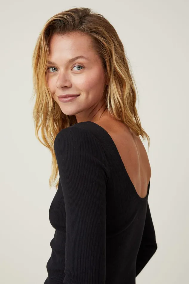 Women Tops Cotton On Margot Boat Neck Long Sleeve Top Black