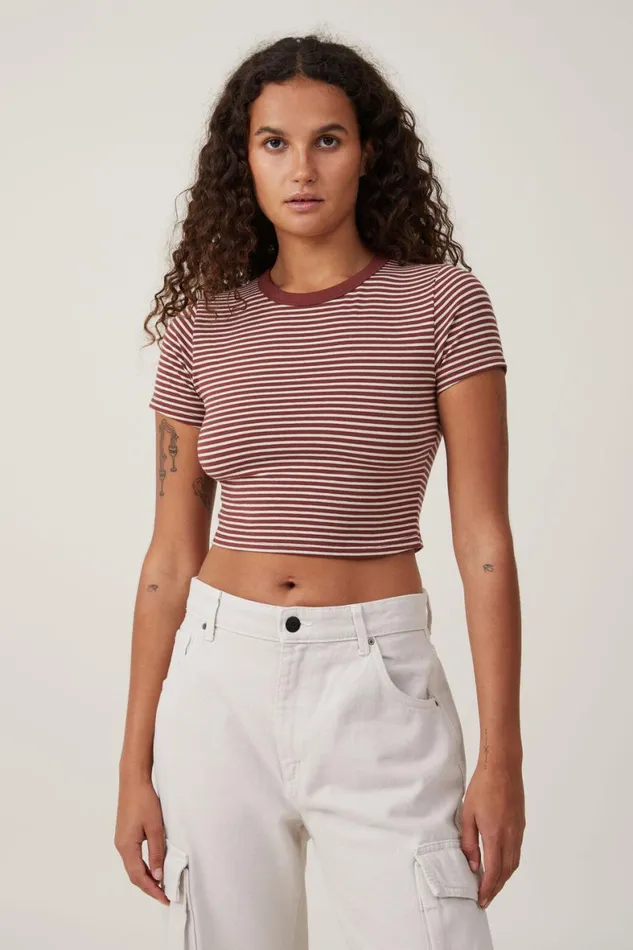 Women Tops Cotton On Micro Crop Tee Cara Fine Stripe Rustic Siennastone