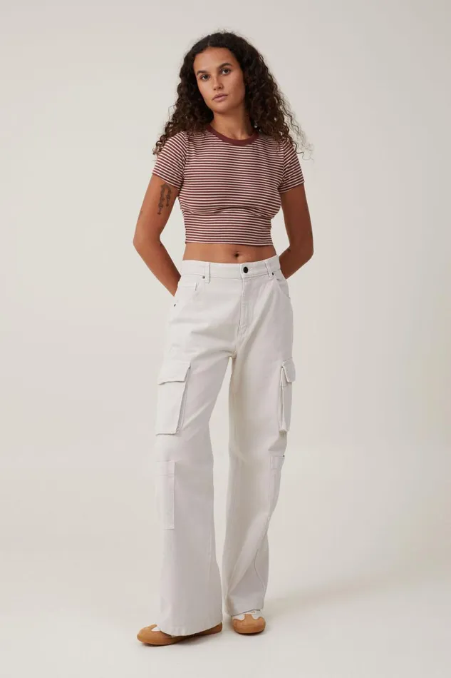 Women Tops Cotton On Micro Crop Tee Cara Fine Stripe Rustic Siennastone