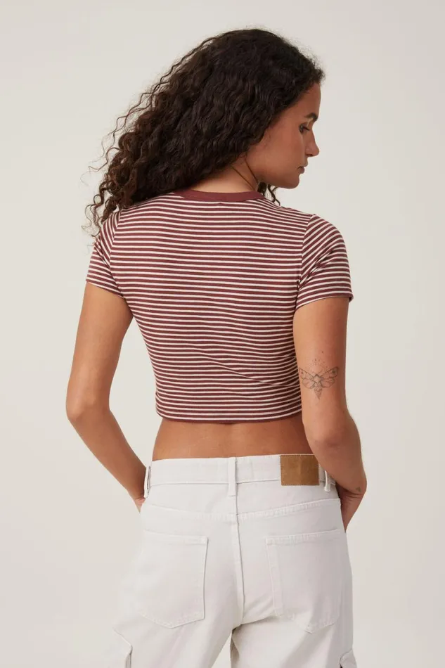 Women Tops Cotton On Micro Crop Tee Cara Fine Stripe Rustic Siennastone