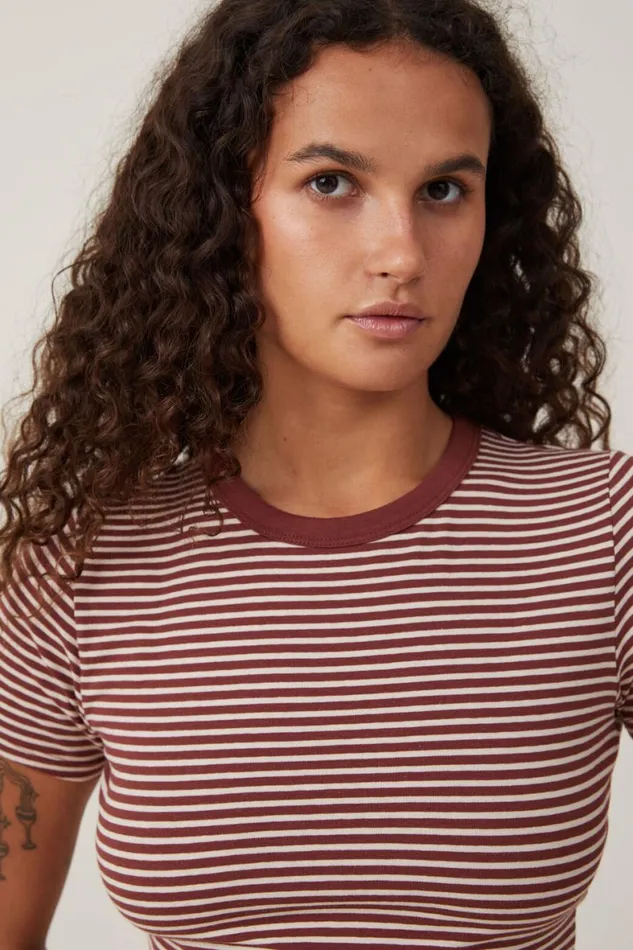 Women Tops Cotton On Micro Crop Tee Cara Fine Stripe Rustic Siennastone