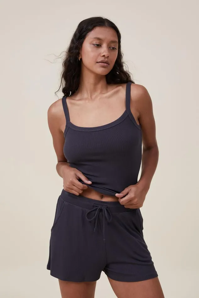 Women Tops Cotton On Sleep Recovery Scoop Neck Singlet Black Rib