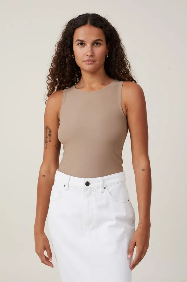 Women Tops Cotton On Smooth High Crew Neck Tank Mocha