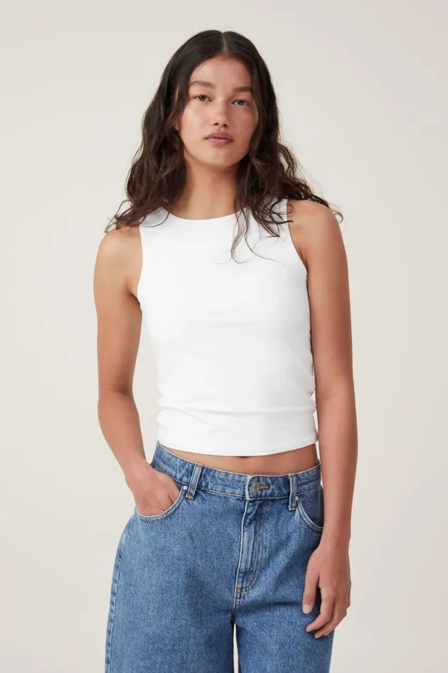 Women Tops Cotton On Smooth High Crew Neck Tank Vintage White
