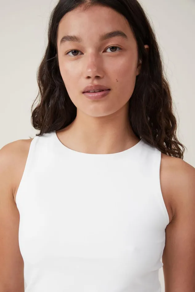Women Tops Cotton On Smooth High Crew Neck Tank Vintage White