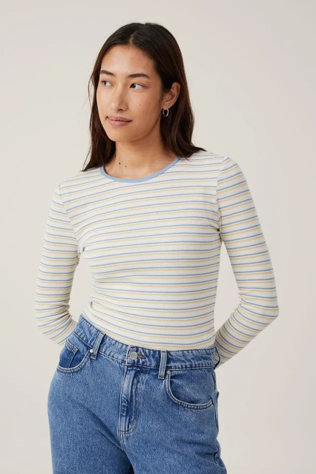 Women Tops Cotton On The One Organic Rib Crew Long Sleeve Top Dee Stripe Horizon Bluesoft Butter