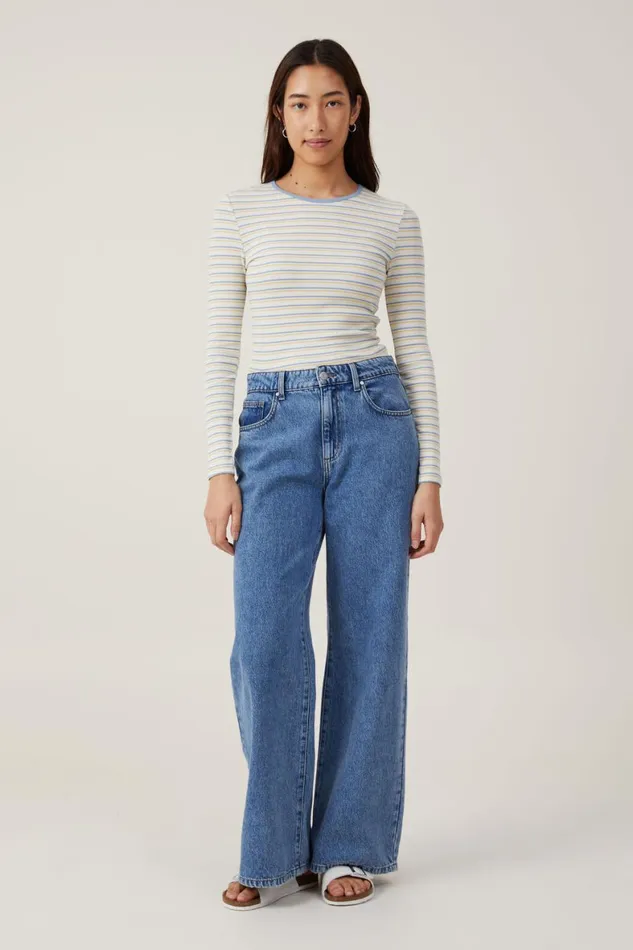 Women Tops Cotton On The One Organic Rib Crew Long Sleeve Top Dee Stripe Horizon Bluesoft Butter