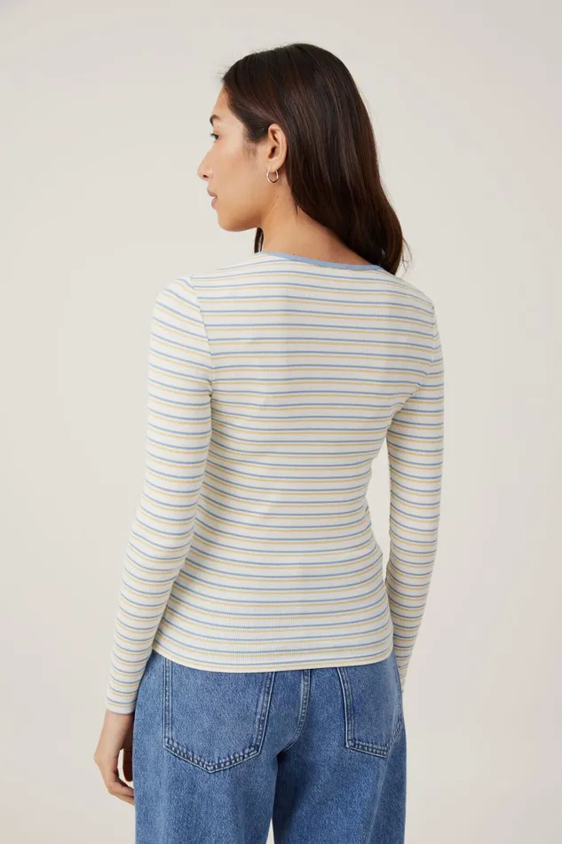Women Tops Cotton On The One Organic Rib Crew Long Sleeve Top Dee Stripe Horizon Bluesoft Butter