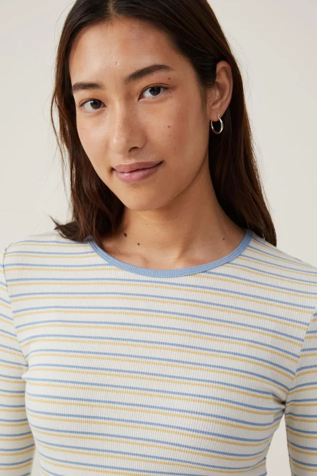 Women Tops Cotton On The One Organic Rib Crew Long Sleeve Top Dee Stripe Horizon Bluesoft Butter