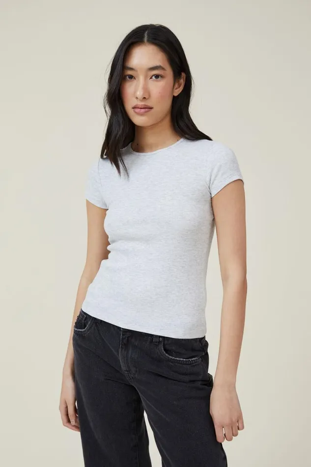 Women Tops Cotton On The One Organic Rib Crew Short Sleeve Tee Light Grey Marle