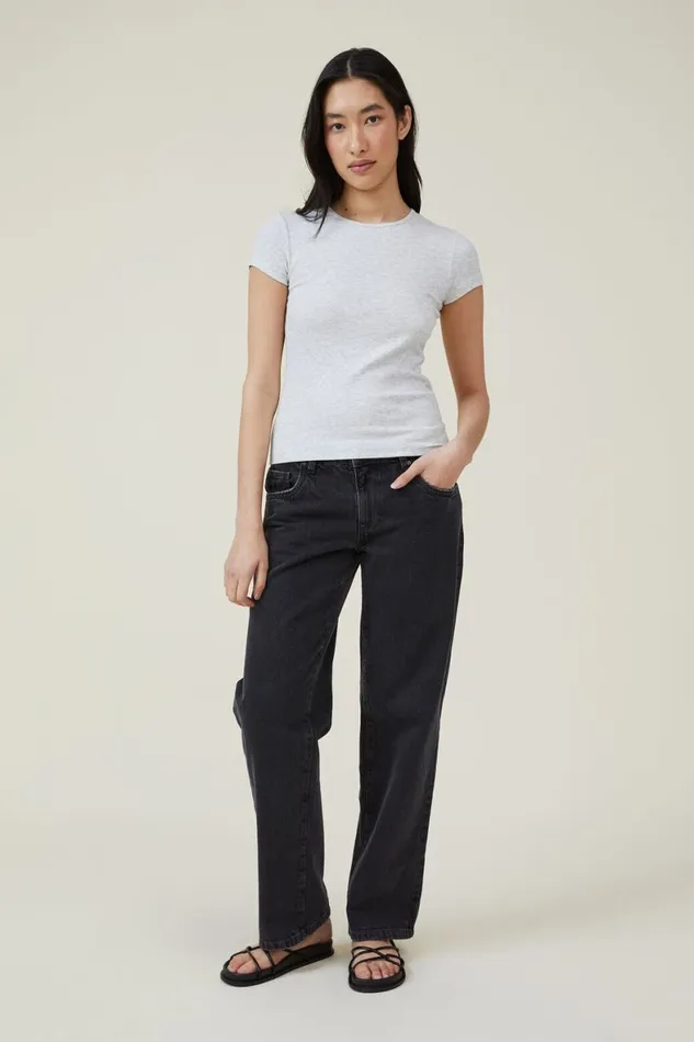 Women Tops Cotton On The One Organic Rib Crew Short Sleeve Tee Light Grey Marle