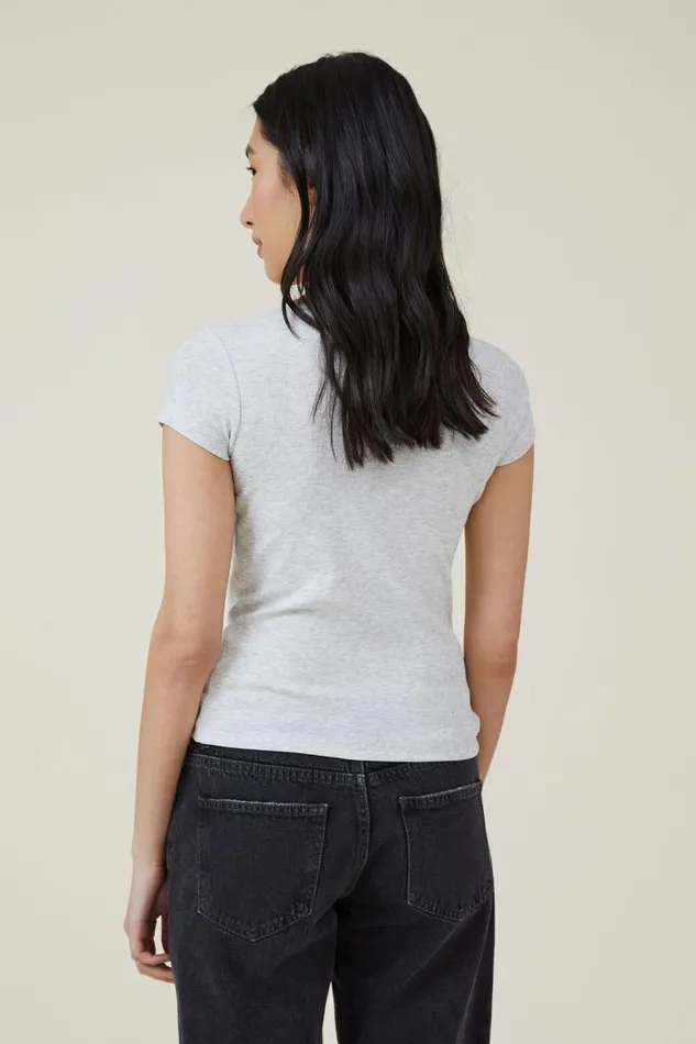 Women Tops Cotton On The One Organic Rib Crew Short Sleeve Tee Light Grey Marle