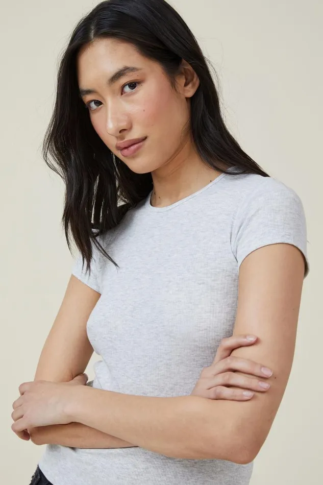 Women Tops Cotton On The One Organic Rib Crew Short Sleeve Tee Light Grey Marle