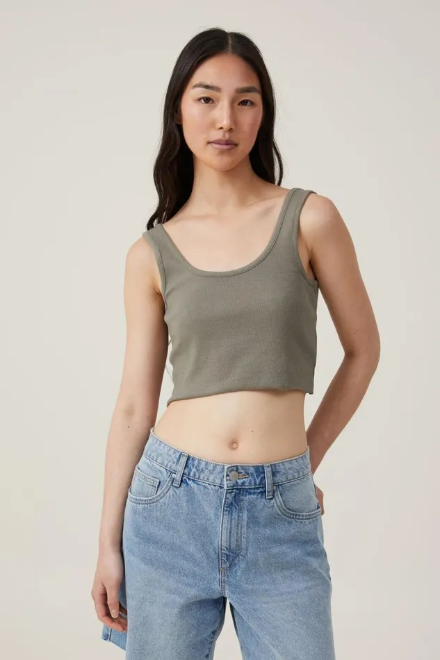 Women Tops Cotton On The One Organic Rib Crop Tank Woodland