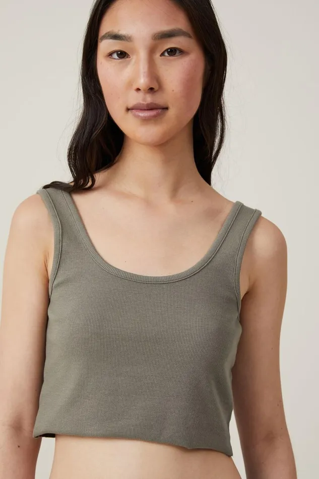 Women Tops Cotton On The One Organic Rib Crop Tank Woodland
