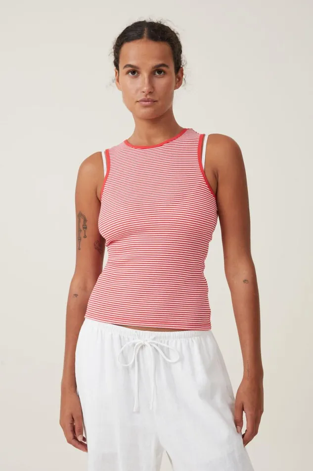 Women Tops Cotton On The One Organic Rib Racer Tank Mini Stripe Whitefiery Red