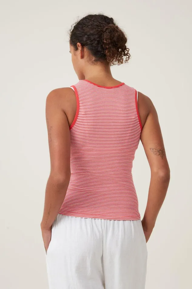 Women Tops Cotton On The One Organic Rib Racer Tank Mini Stripe Whitefiery Red