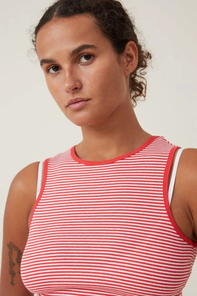 Women Tops Cotton On The One Organic Rib Racer Tank Mini Stripe Whitefiery Red