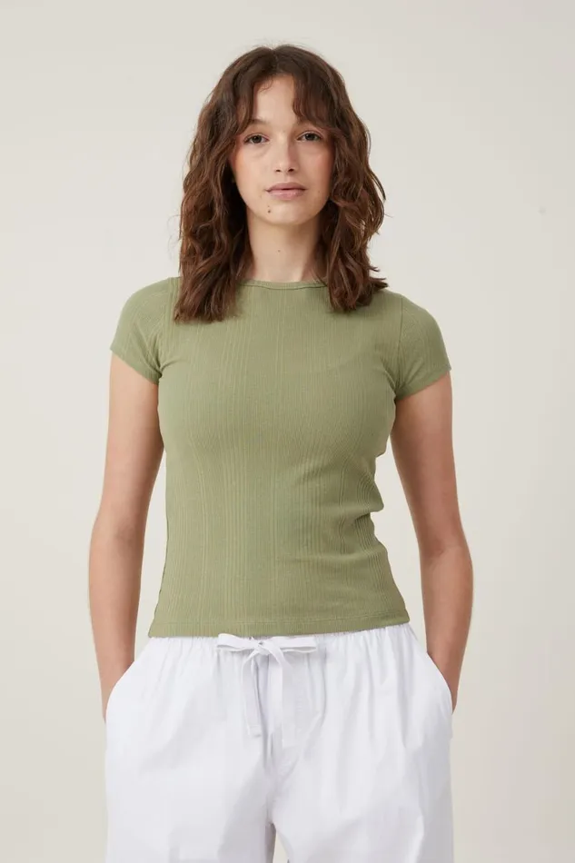 Women Tops Cotton On The One Organic Variegated Rib Crew Short Sleeve T Cool Khaki