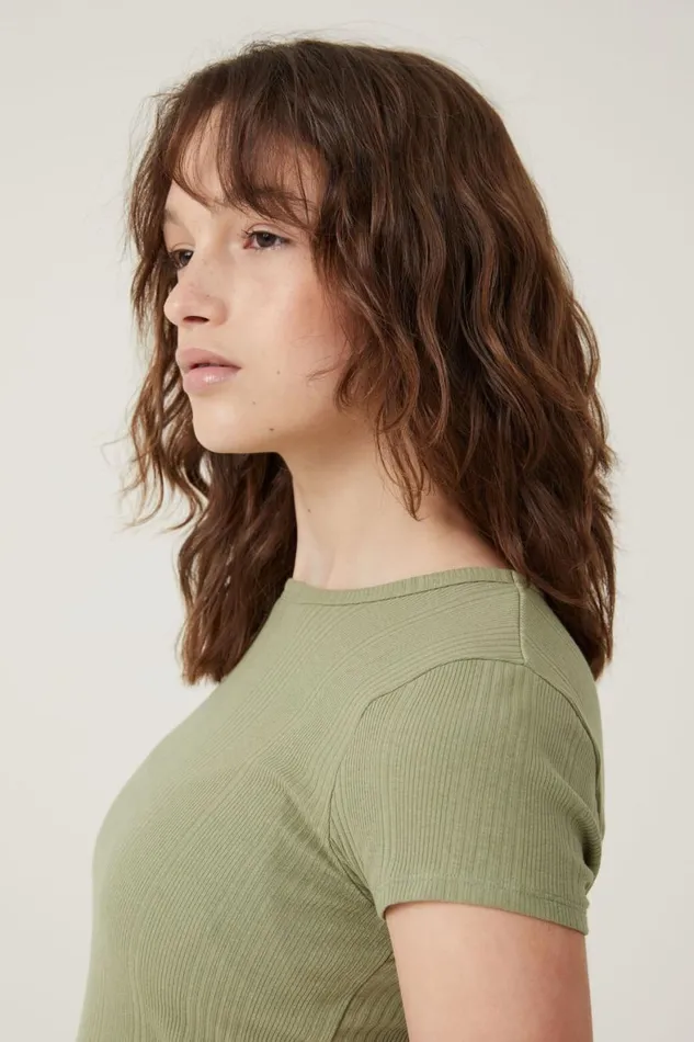 Women Tops Cotton On The One Organic Variegated Rib Crew Short Sleeve T Cool Khaki