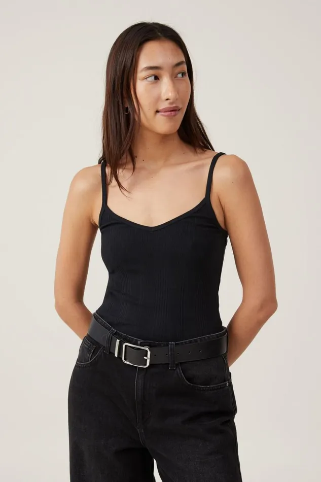 Women Tops Cotton On The One Organic Variegated Rib V Neck Cami Black