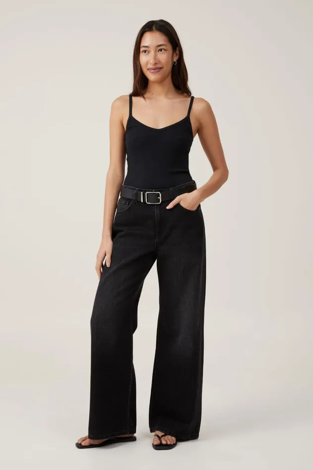 Women Tops Cotton On The One Organic Variegated Rib V Neck Cami Black